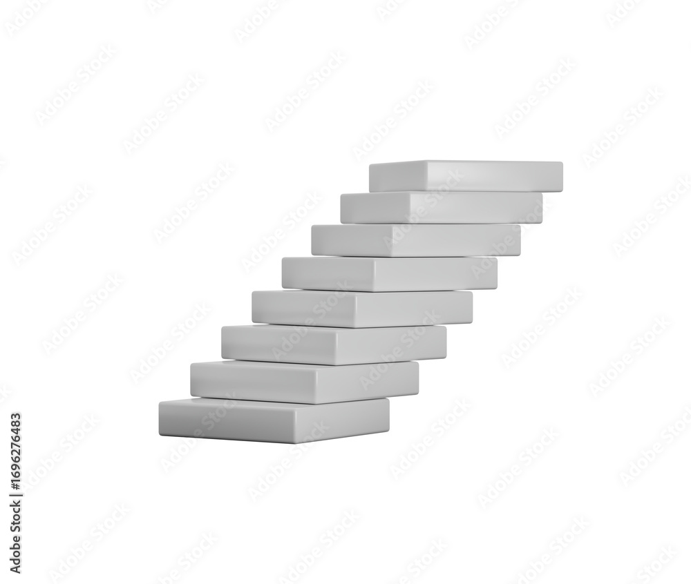Fototapeta premium Stack of white rectangular blocks, slightly offset to create a leaning tower effect. 3D Illustration