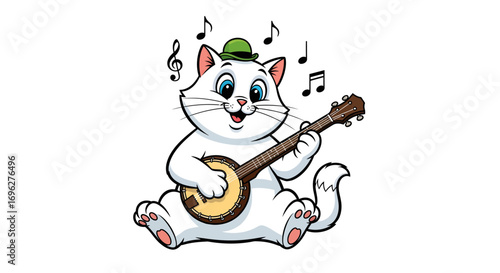 A cheerful white cartoon cat wearing a green hat, happily playing a banjo with musical notes floating around its head.