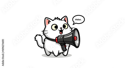 A cute white cartoon cat with big eyes holds a megaphone, shouting 'Meow' from a speech bubble on a white background.