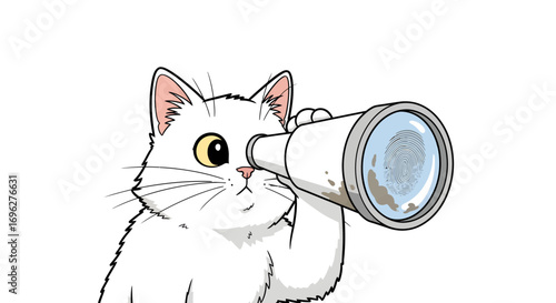 A cute white cartoon cat with yellow eyes looking through a white telescope, observing something with curiosity and focus.