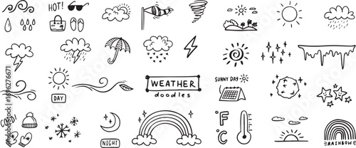 weather, doodle, cloud, sun, rain, rainbow, storm, umbrella, sketch, cartoon, minimal, cute, handdrawn, season, icon, climate, nature, sky