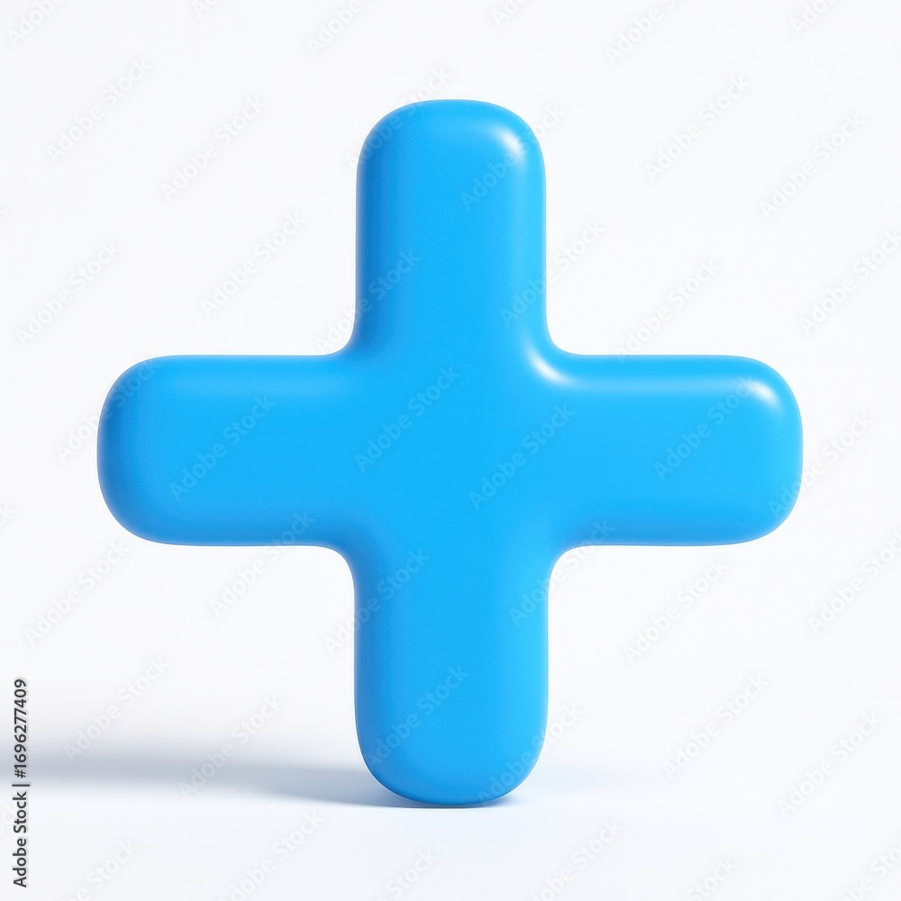 Fototapeta premium Bright blue three-dimensional plus sign symbol floating gracefully against a light clean studio background creating a positive visual element