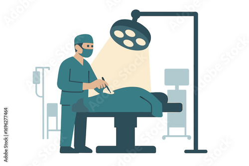 Surgeon in operating room performing surgery under surgical lights
