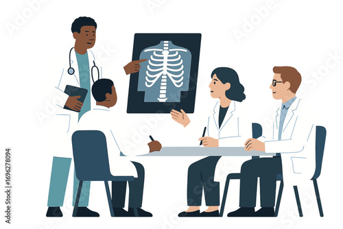 Collaborative team of doctors discussing patient x-ray results in modern healthcare setting