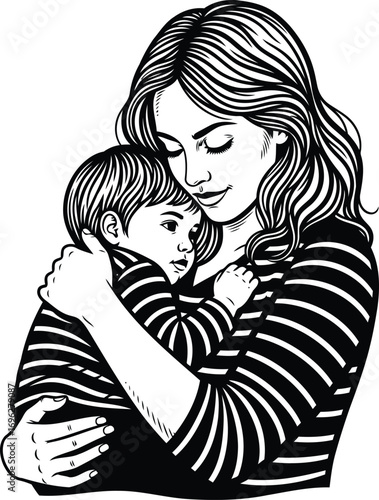 Mother lovingly embraces child, creating a tender moment of maternal bond, perfect for illustrating family values and emotional connection
