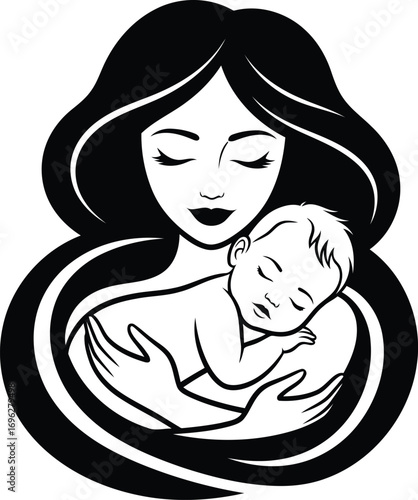 Loving mother cradling newborn baby, symbol of maternal care, family bond, and unconditional love, perfect for design projects