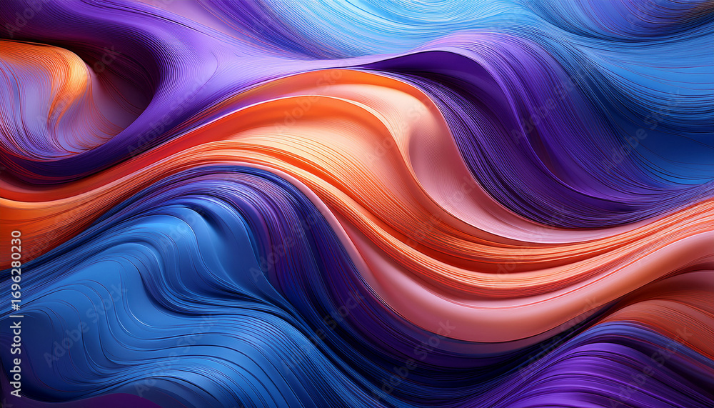 Fototapeta premium Abstract Flowing Silk Like Waves In Vibrant Purple Blue And Orange Hues Create A Stunning Visual Effect For Backgrounds Or Art