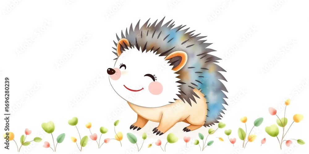 Fototapeta premium Smiling watercolor hedgehog, minimalist style, tiny leaves, whimsical design , spring, tiny
