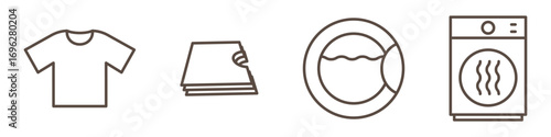 Set of laundry self-service linear icons isolated on transparent background. Washing service outline symbols with washing machine, dryer, clean T-shirt, simple shirt and folded stack of clothes.