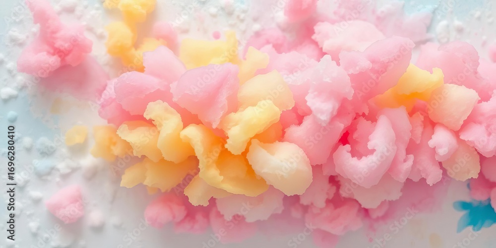 Fototapeta premium Soft pastel pink, yellow, & blue watercolor cotton candy rainbow splash on textured cotton candy background, cheerful, happy
