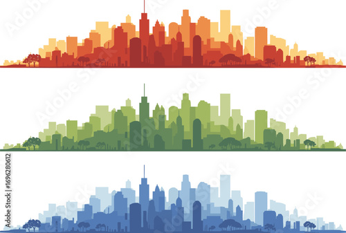 Colorful city skyline silhouette set, red green blue urban landscape, modern buildings vector, nature and trees, creative cityscape design