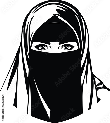 Intriguing portrait of a woman wearing a niqab, showcasing elegant eyes, perfect for designs and cultural projects