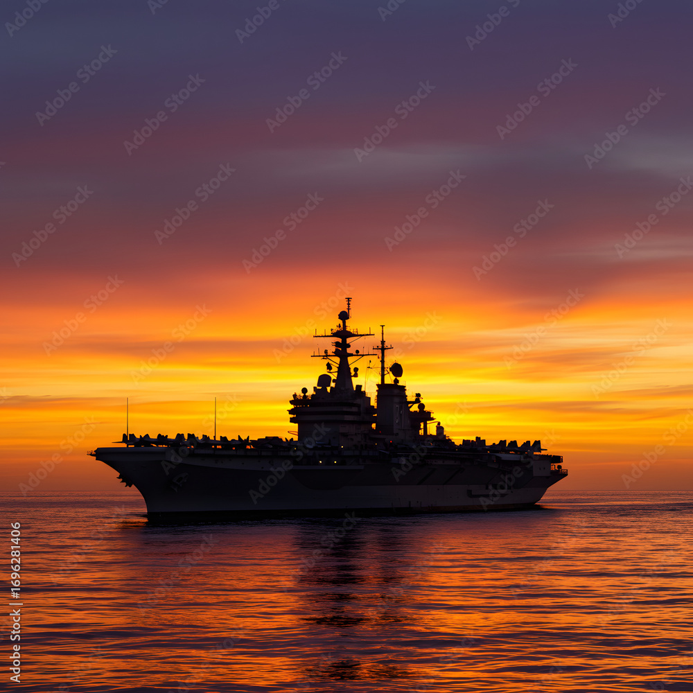 Fototapeta premium Aircraft Carrier Silhouette at Sunset Navy Power Maritime Strength