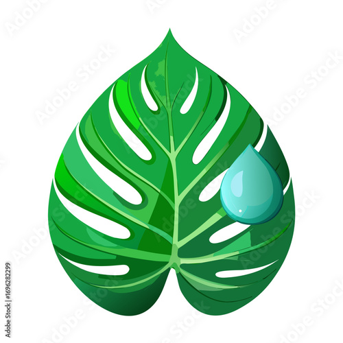 A stunning macro photography of a single water droplet on a green Monstera leaf, reflecting a tiny world inside
