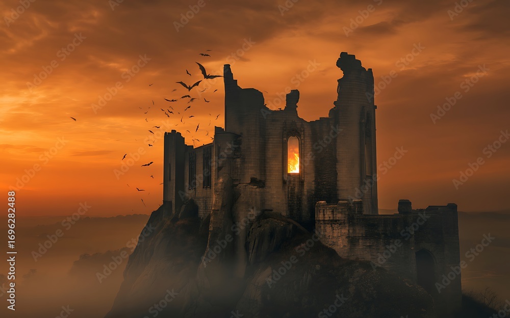 Obraz premium Castle ruin at orange sunset
