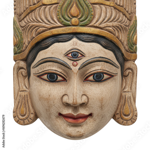 Ornate wooden mask of a deity with a third eye isolated on transparent background
