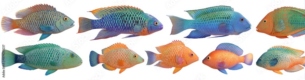 Fototapeta premium Ten colorful fish are shown in two rows against a white background, each with distinct color patterns