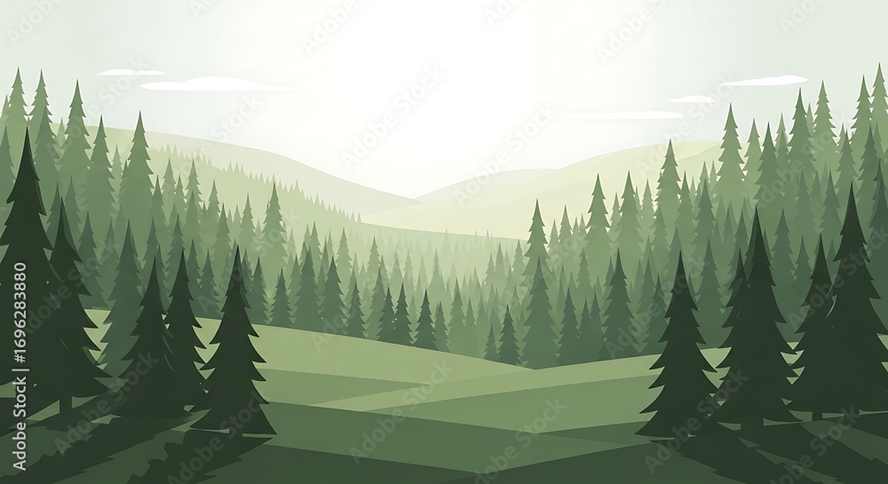 Fototapeta premium Serene flat design illustration of a vast green forest landscape.