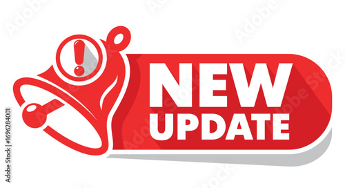 Modern label New Update on red ribbon with bell. Banner with notification bell, announcement for new update. Vector on transparent background