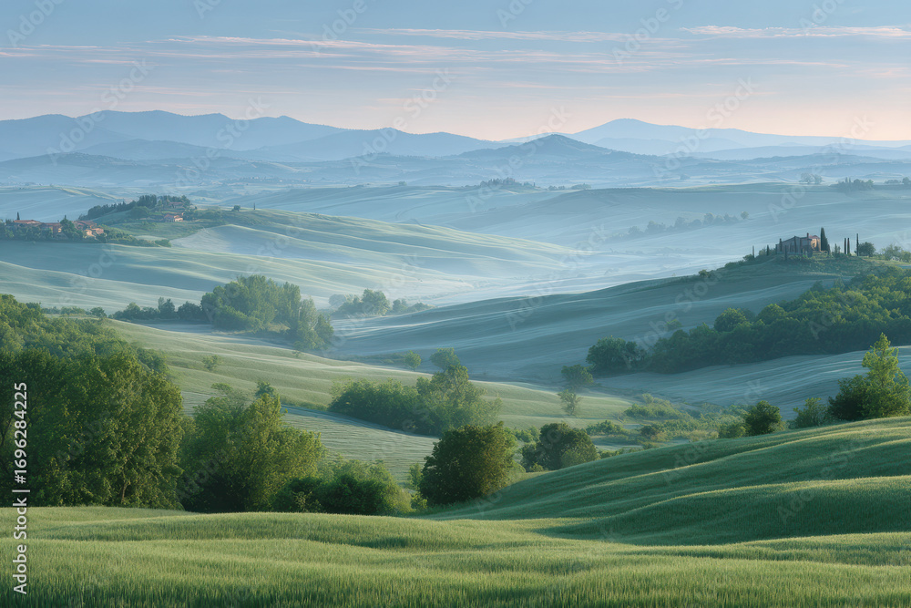 Obraz premium experience enchanting beauty of summer landscapes across diverse countries featuring lush green hills shrouded