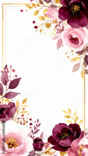 Elegant Watercolor Floral Frame with Burgundy and Pink Roses.