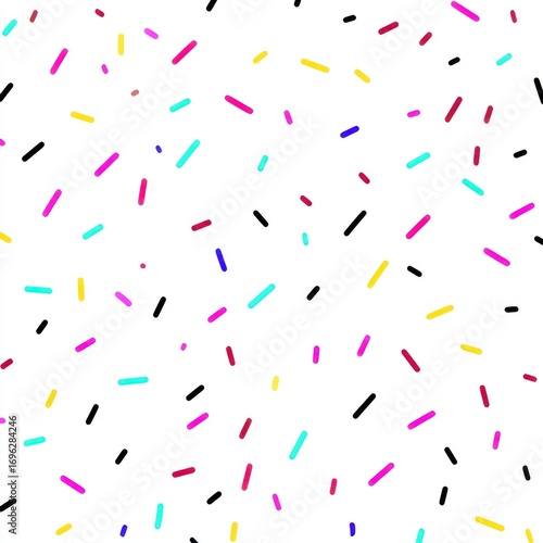 Scattered, colorful dash shapes on a white background, creating a playful, random pattern, reminiscent of sprinkles