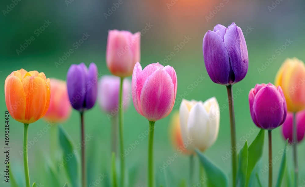 Fototapeta premium A field of colorful tulips in full bloom, with a soft, green background and a warm, orange hue in the distance