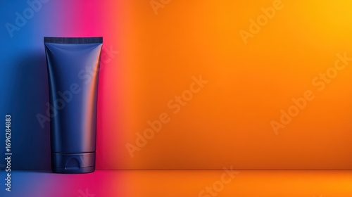 Sleek, dark tube against a vibrant gradient of blue, pink, orange, and yellow, creating a modern, colorful scene