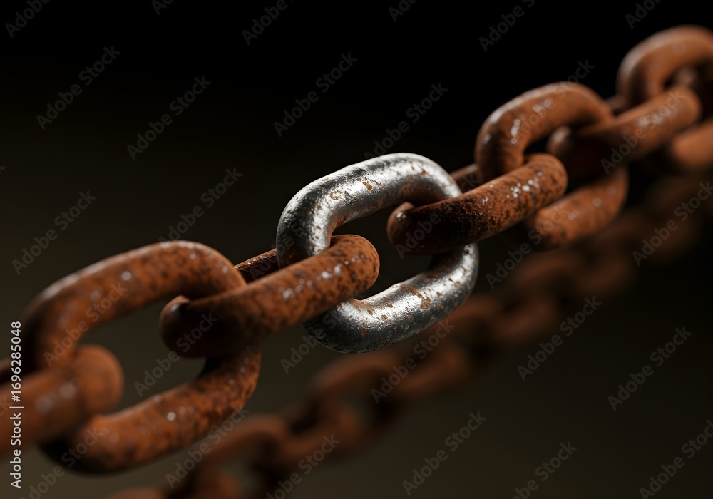 Fototapeta premium Rusty Chain Link, broken metal, Weakened Financial Connections or Security