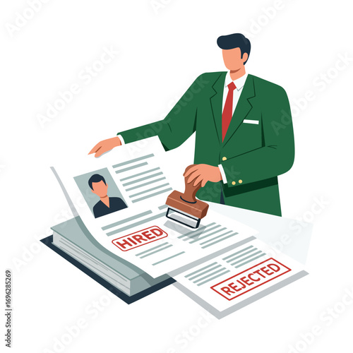 Vector art of man in a green suit stamping hired and rejected on documents