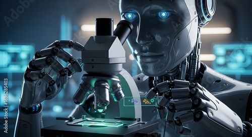 Robot Scientist Analyzing Cells Under Microscope