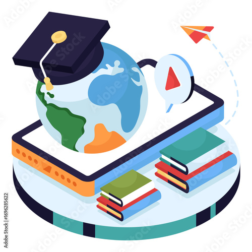 Globe with mortarboard, isometric design of global learning
