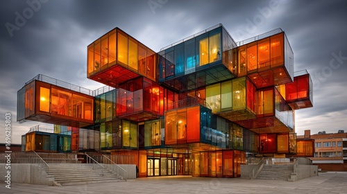 Multicolored boxes stacked together form a building under an overcast sky, viewed from a low angle perspective