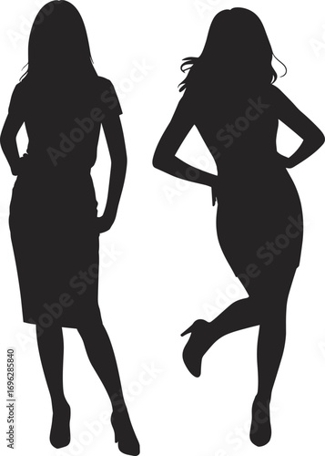 Fashionable women silhouette in stylish poses, black dress elegance, high heels, confident posture, minimal vector art for fashion design