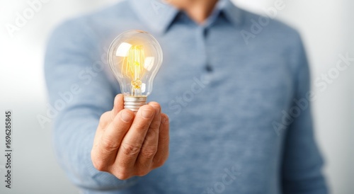 Person holding a glowing lightbulb, symbol of an idea, creativity. Neutral background, blue shirt, focusing on the bulb