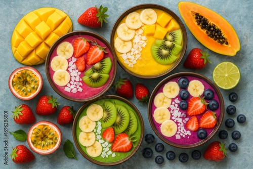 Wallpaper Mural Colorful smoothie bowls with tropical fruits, top view
 Torontodigital.ca
