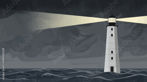 A digital illustration of a lighthouse tower emitting a bright beam of light across a dark and stormy ocean.