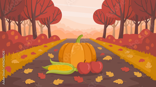 Vibrant autumn harvest illustration featuring a large pumpkin, golden corn, and fresh apples centered on a leaf-strewn road, surrounded by richly colored fall trees.