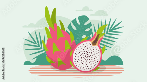Vibrant minimalist vector illustration of fresh dragon fruit, whole and sliced, surrounded by stylized tropical leaves, conveying healthy eating and exotic summer vibes.