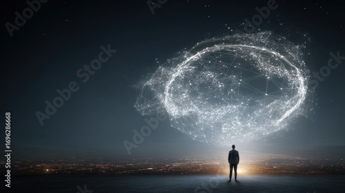 Silhouette figure faces glowing node network against a cityscape backdrop, emphasizing technological advancement
