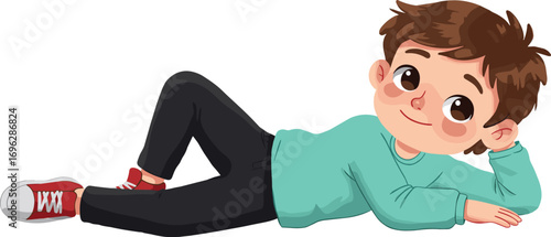 Cute cartoon boy laying sideways on floor with hand supporting head, smiling child character illustration, relaxing and casual pose