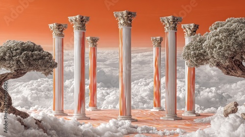 Columns rise from clouds, crowned with ornate capitals, against an orange sky, framed by stylized trees