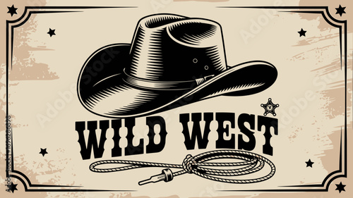 Vintage Wild West Design with Cowboy Hat and Lasso
