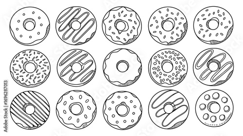 A collection of assorted donuts in a black and white line art style. Set of sweet pastry illustrations with various glazes and sprinkles.