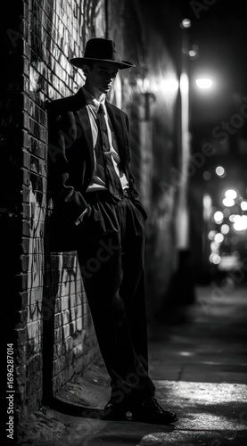 Monochrome image of a man in a suit and hat leaning against a textured brick wall on a dimly lit street at night