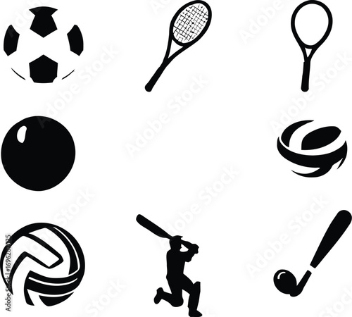 Vector illustration of various sports equipment including balls and rackets for graphic design use