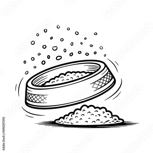 A playful black and white line art illustration of a pet food bowl with kibble spilling out, depicting feeding time or a happy mess.