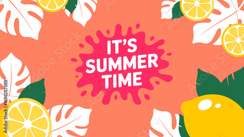 Vibrant Summer Time Illustration with Lemons and Tropical Leaves - A Cheerful Seasonal Greeting