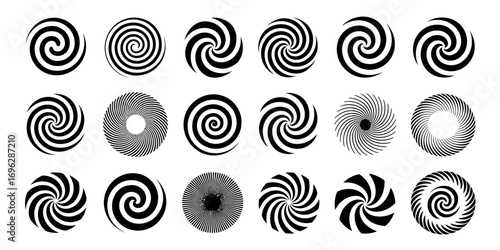 Vector set of diverse black and white hypnotic spiral and swirl shapes for optical illusions and graphic design
