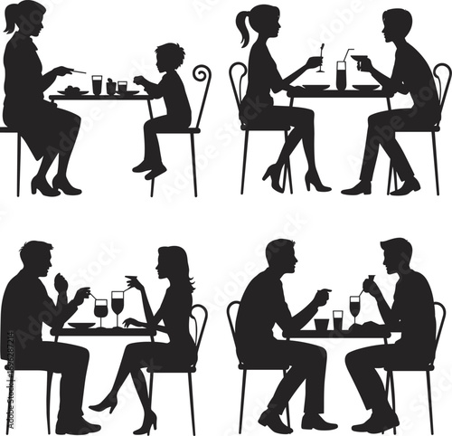 Silhouette of people sitting at table, family eating, couple drinking, restaurant scene, dining illustration, social interaction concept, black vector
